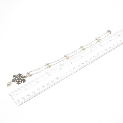 925 Sterling Vintage Real Pearl By The Yard & Rhinestone Snowflake Necklace 16"