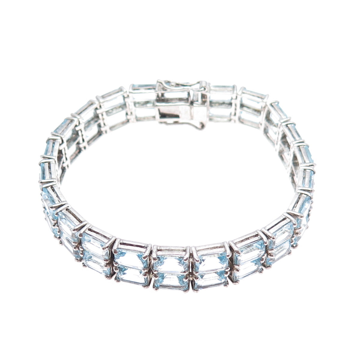 925 Sterling Silver Vintage Real Emerald-Cut Blue Topaz Bracelet 6.75"