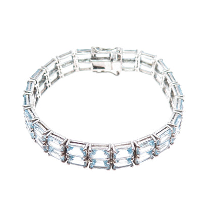 925 Sterling Silver Vintage Real Emerald-Cut Blue Topaz Bracelet 6.75"