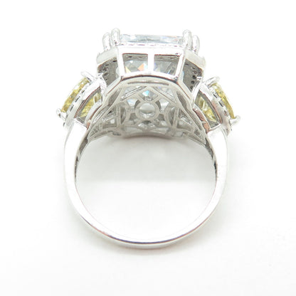 925 Sterling Silver White & Canary C Z Statement Ring Size 7.75