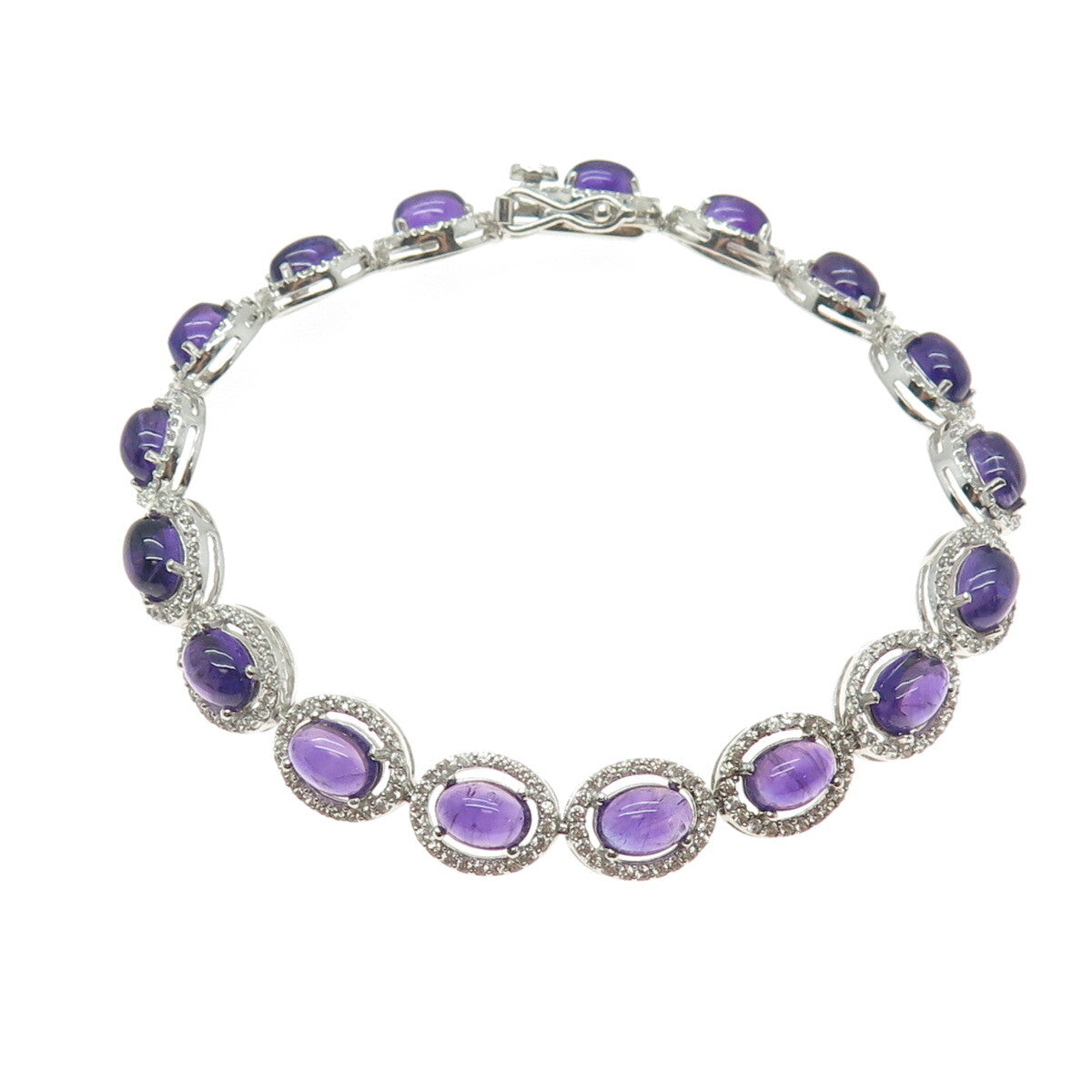 DSMK 925 Sterling Silver Amethyst & White Topaz Gem Tennis Link Bracelet 7.5"