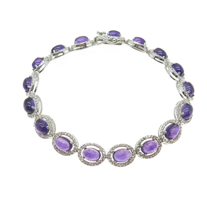 DSMK 925 Sterling Silver Amethyst & White Topaz Gem Tennis Link Bracelet 7.5"