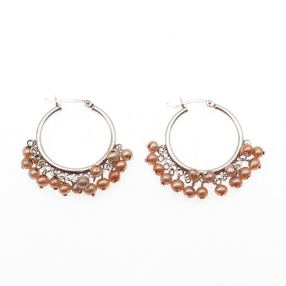 925 Sterling Silver Vintage Real Pearl Dangle Beads Hoop Earrings