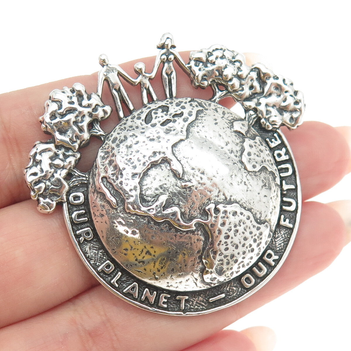 SILVER CLOUD 925 Sterling Silver Vintage "Our Planet - Our Future" Pin Brooch