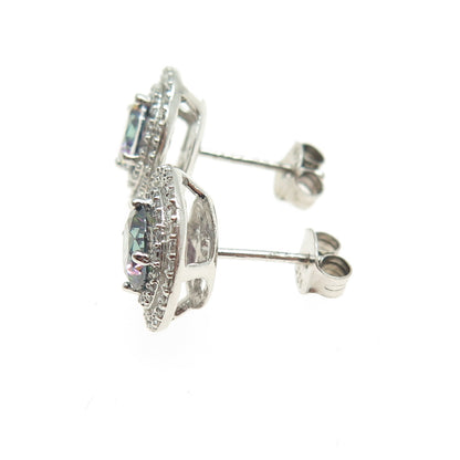 RIIF 925 Sterling Silver Real Round-Cut Mystic Topaz & C Z Stud Earrings