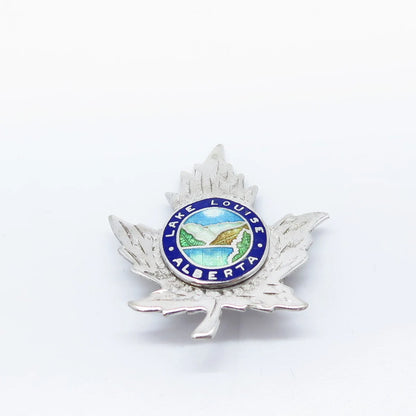 925 Sterling Silver Vintage BMCo Enamel "Lake Louise Alberta" Maple Leaf Brooch