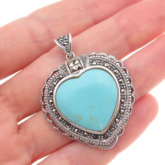 925 Sterling Silver Vintage Real Turquoise & Marcasite Heart Oxidized Pendant