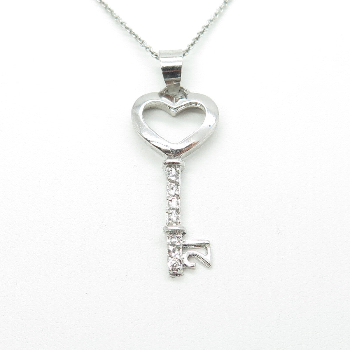 925 Sterling Silver Round-Cut C Z Heart Key Cable Chain Necklace 16"
