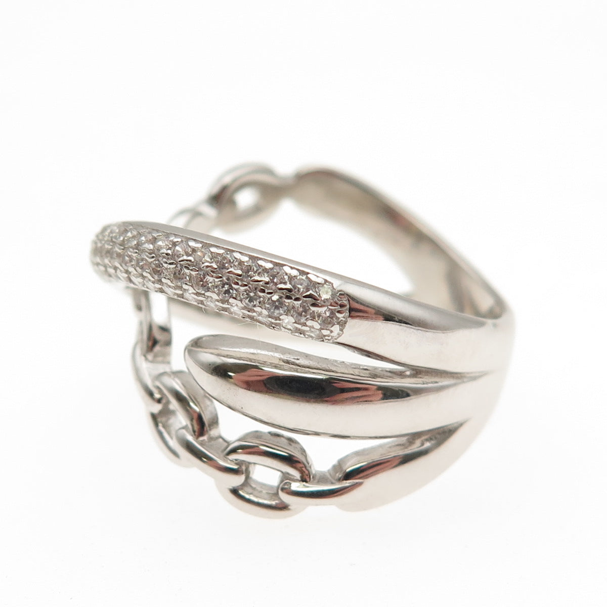 925 Sterling Silver Round-Cut C Z Crisscross Ring Size 8.25