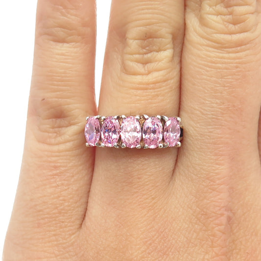 925 Sterling Silver Oval-Cut Pink C Z 5-Stones Ring Size 7
