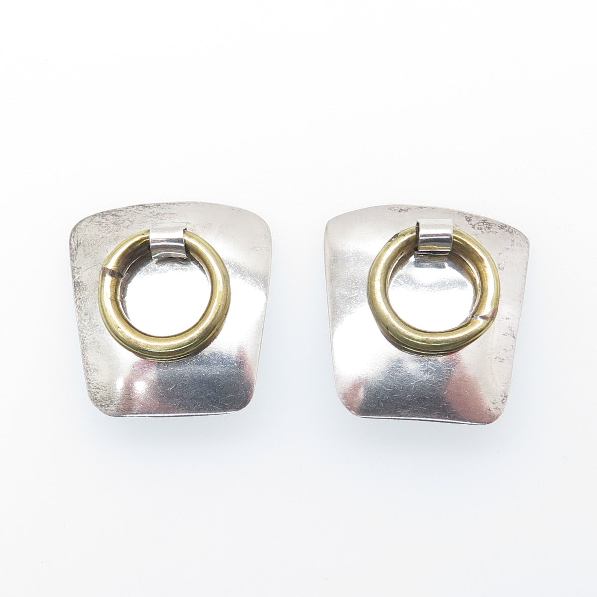 925 Sterling Silver 2-Tone Vintage Mexico Door Knocker Clip On Earrings