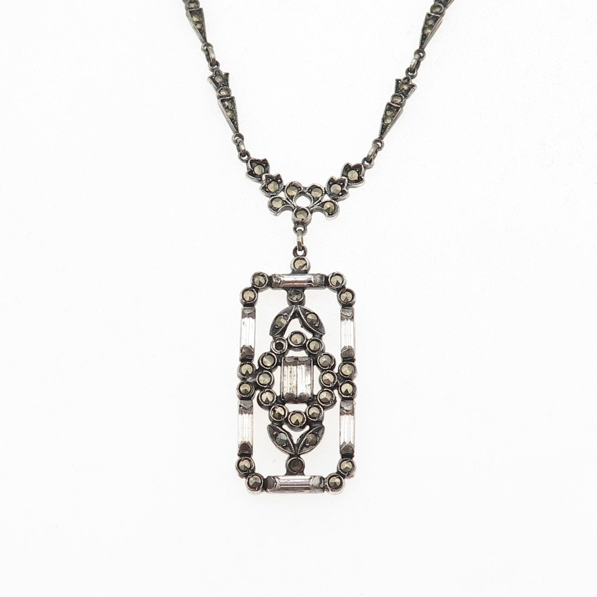 925 Sterling Antique Rhinestone & Marcasite Chain Necklace 16" (missing 1 stone)
