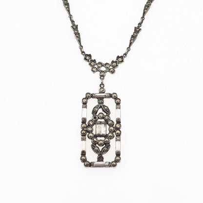 925 Sterling Antique Rhinestone & Marcasite Chain Necklace 16" (missing 1 stone)