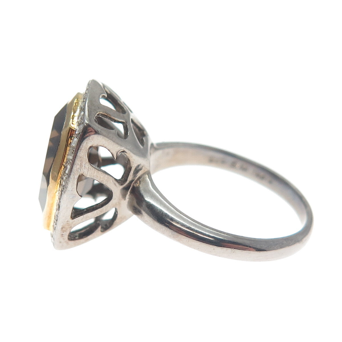 925 Sterling Silver Black Rhodium 2-Tone Diamond & Smoky Quartz Ring Size 6.75