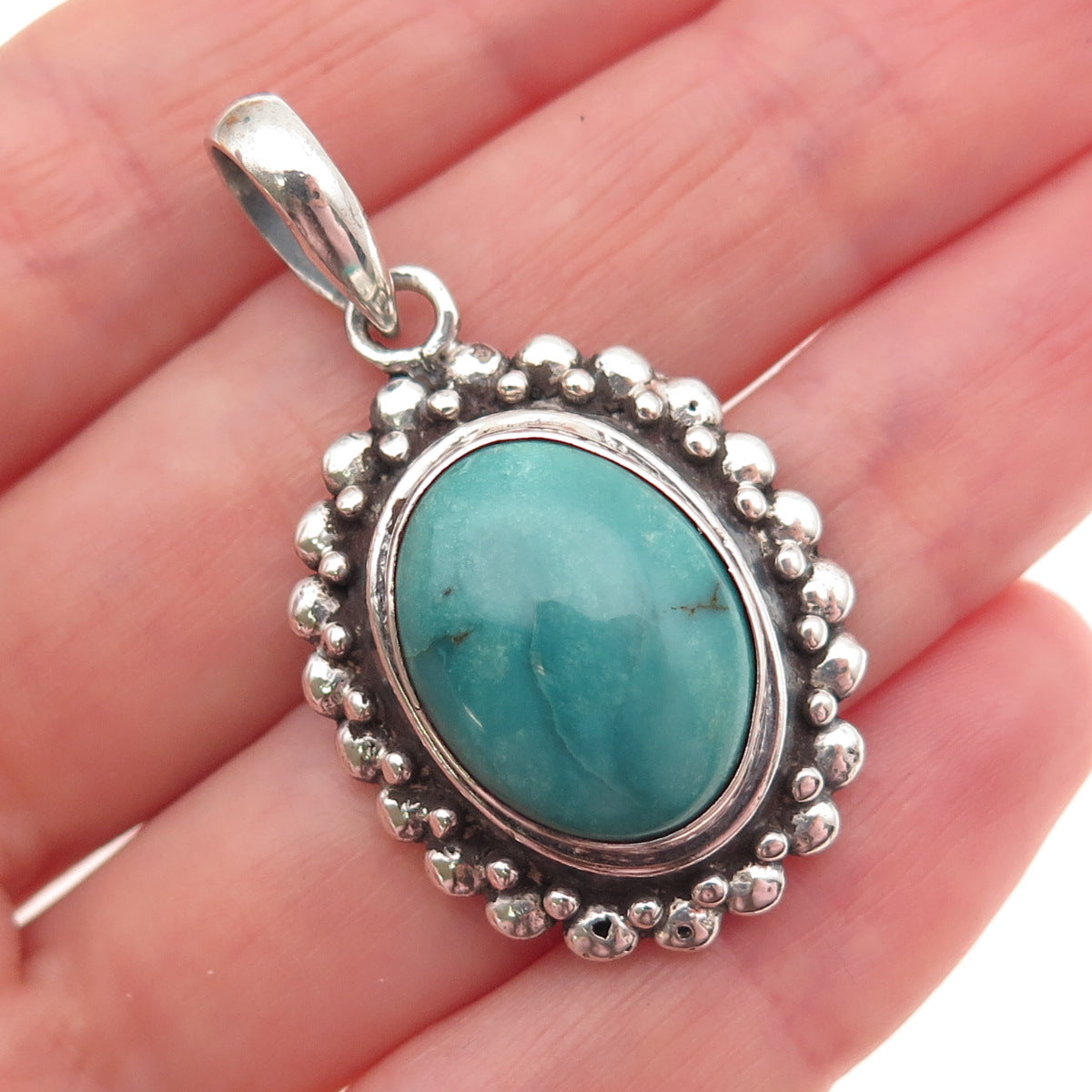 925 Sterling Silver Vintage Real Kingman Turquoise Beaded Charm Pendant