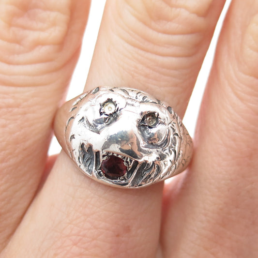 925 Sterling Silver Vintage Real Red Garnet Tiger Ring Size 8 (missing 2 stones)