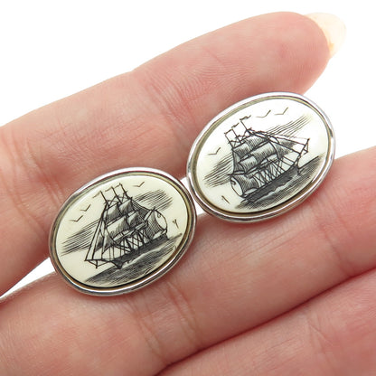 925 Sterling Silver Vintage Carved Ship Oval Cufflinks