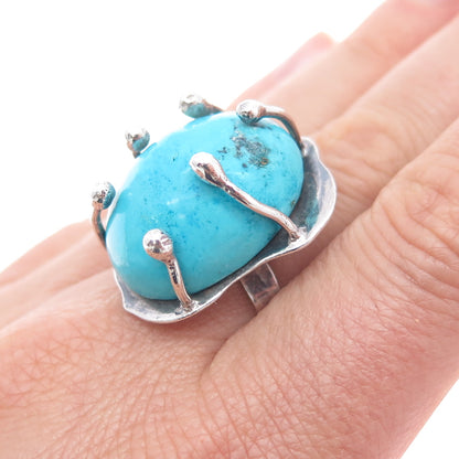 925 Sterling Silver Vintage HOB Mexico Real Turquoise Adjustable Ring Size 7.5