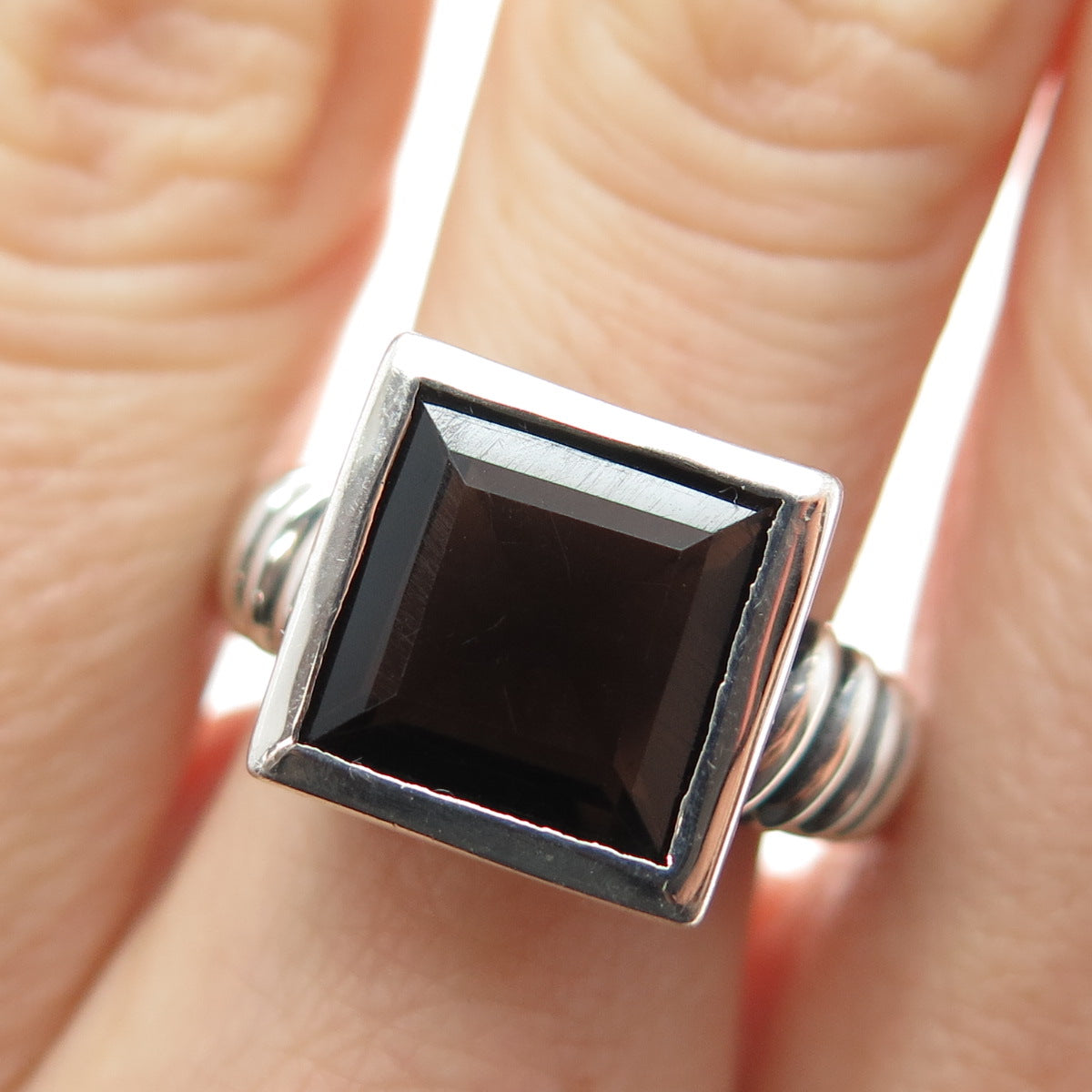 925 Sterling Silver Vintage Real Asscher-Cut Smoky Quartz Oxidized Ring Size 8.5