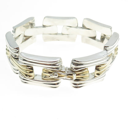 925 Sterling Silver 2-Tone Vintage Italy Modernist Panel Link Bracelet 7.5"
