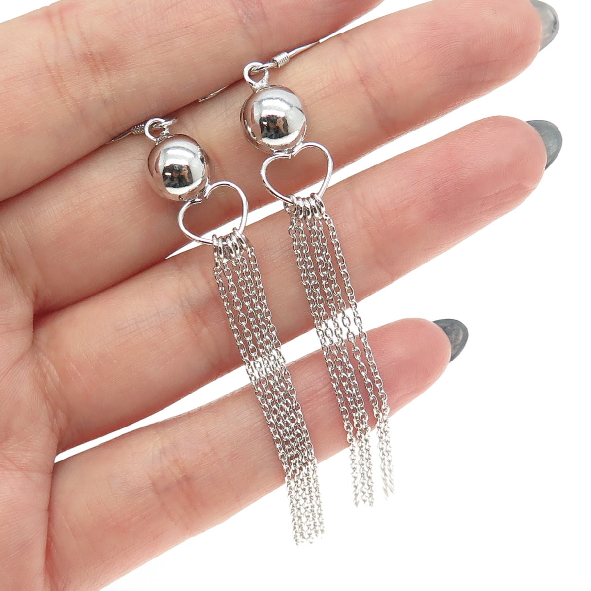 925 Sterling Silver Ball Heart Rolo Chain Hook Dangling Earrings