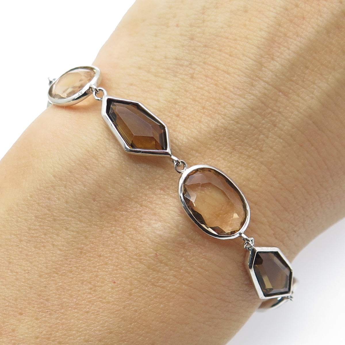 925 Sterling Silver Real Multi-Cut Smoky Quartz Bracelet 7"