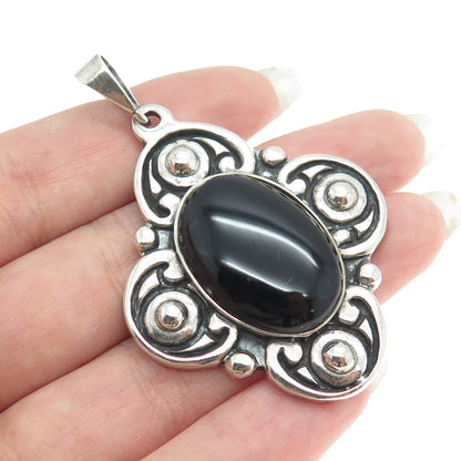 925 Sterling Silver Vintage Mexico Real Black Onyx Floral Cross Pendant