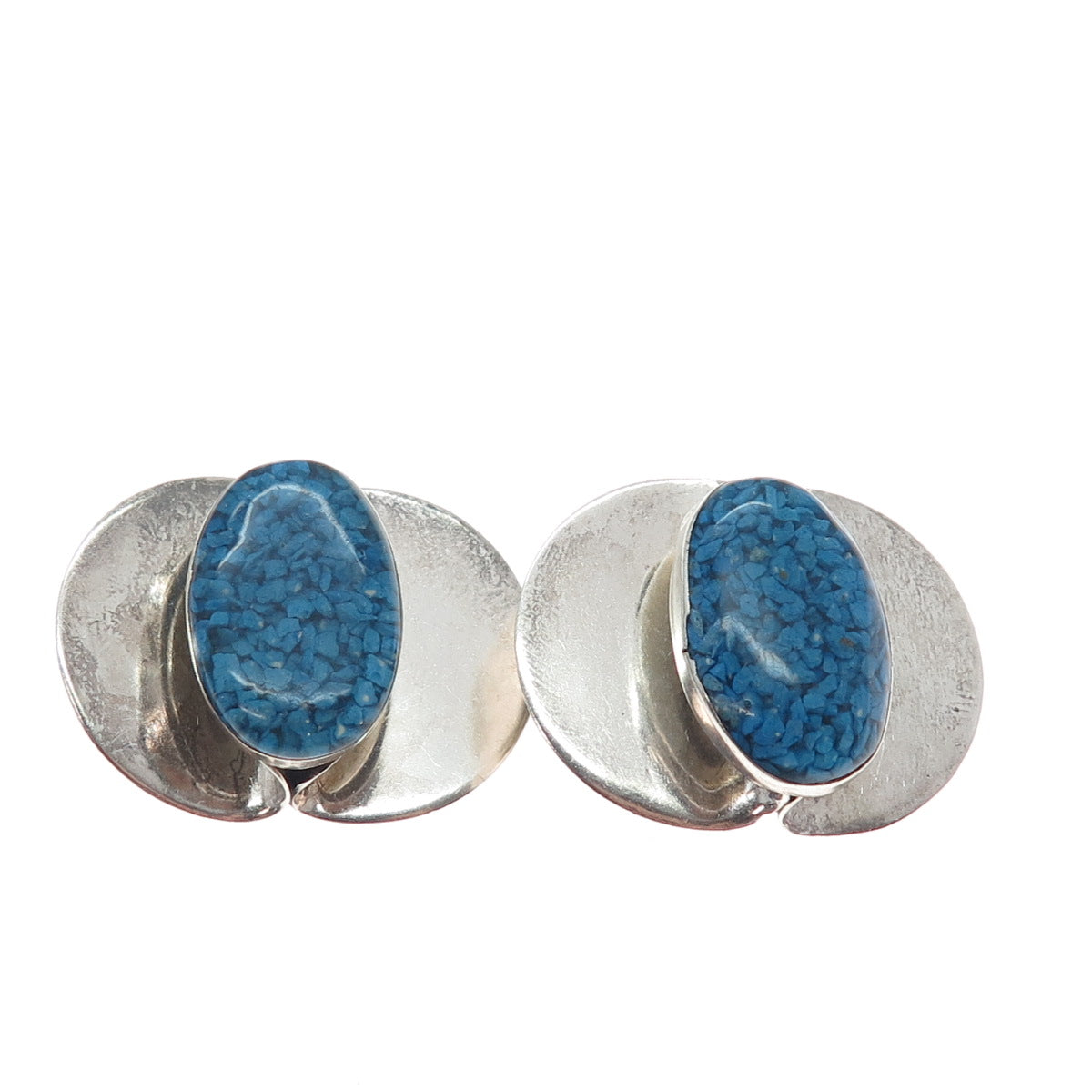 925 Sterling Silver Vintage Real Turquoise Inlay Modernist Clip On Earrings