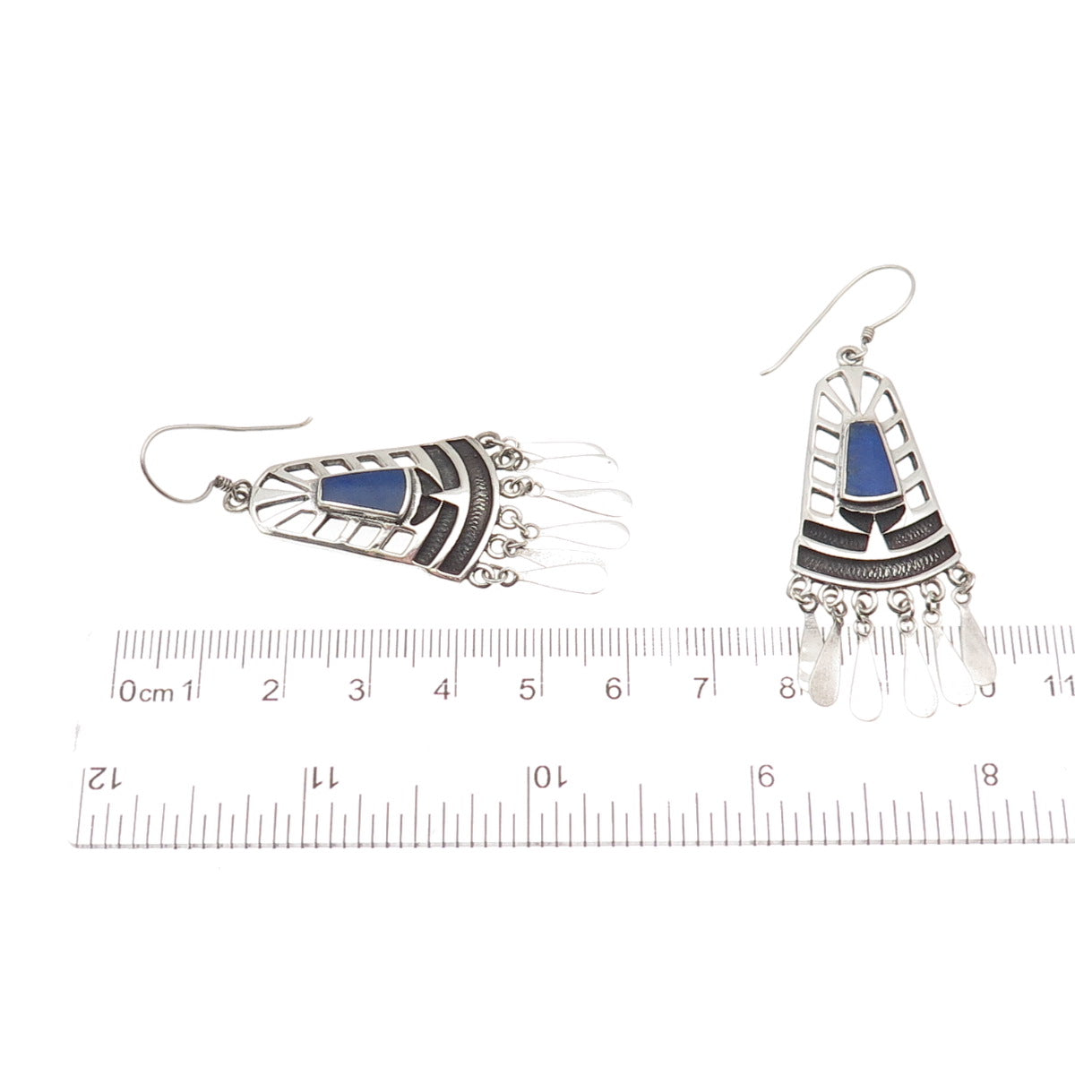 925 Sterling Silver Vintage Real Lapis Modernist Oxidized Dangle Earrings