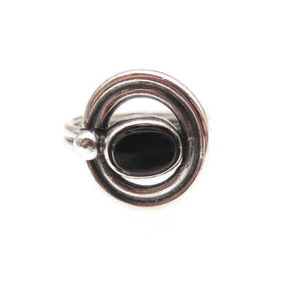 925 Sterling Silver Vintage Real Black Onyx Modernist Oxidized Ring Size 4.75