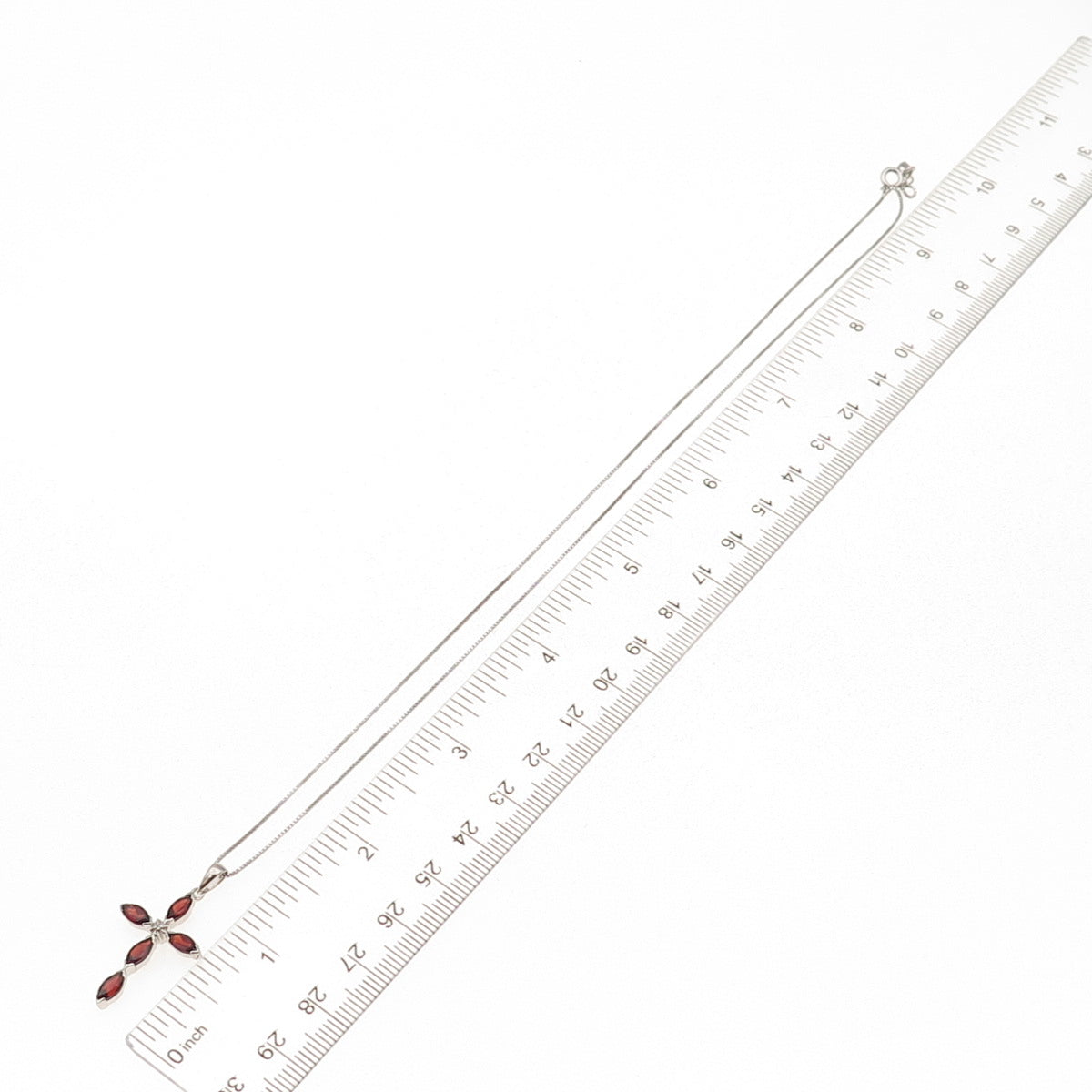 925 Sterling Silver Real Diamond Accent Red Garnet Cross Box Chain Necklace 18"