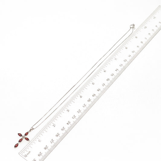 925 Sterling Silver Real Diamond Accent Red Garnet Cross Box Chain Necklace 18"
