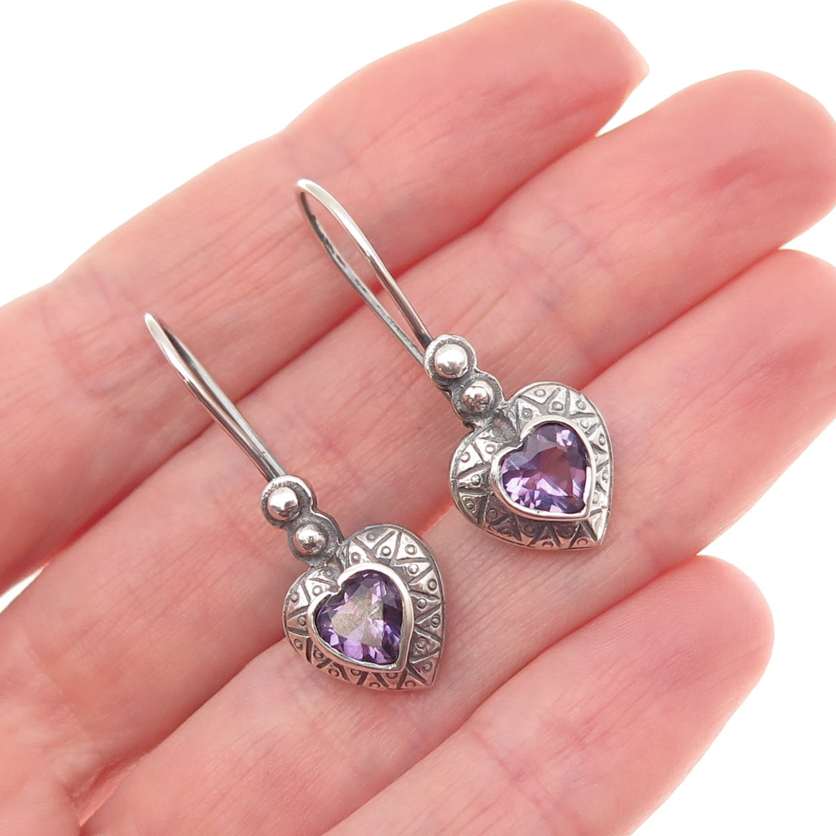 925 Sterling Silver Vintage Real Amethyst Heart Dangle Earrings