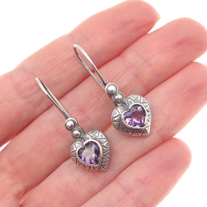 925 Sterling Silver Vintage Real Amethyst Heart Dangle Earrings