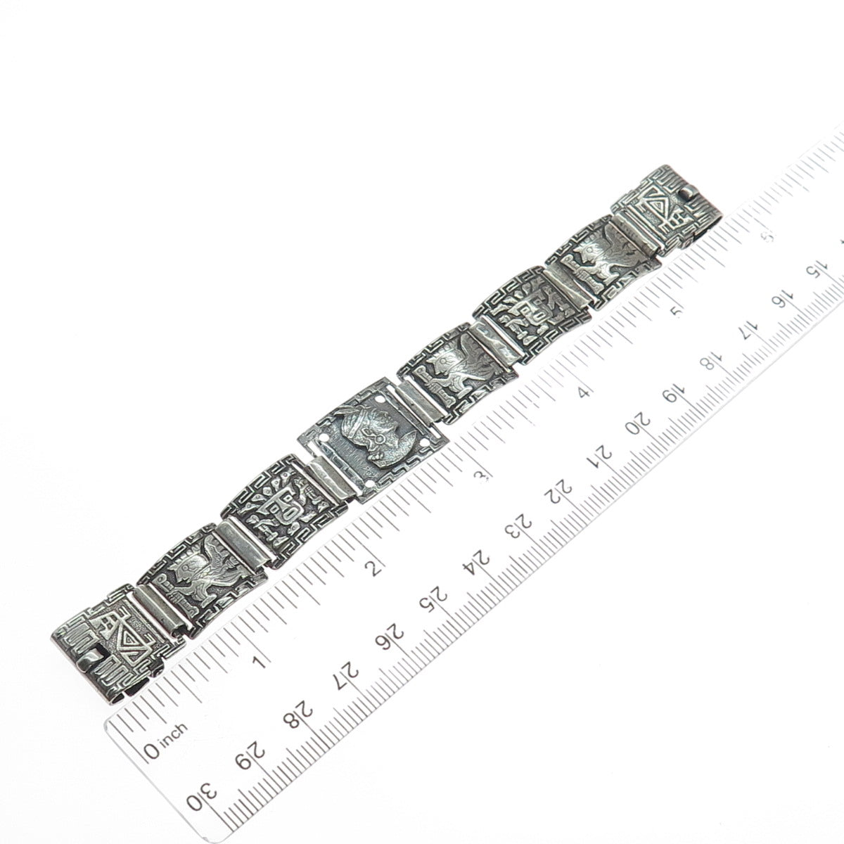 925 Sterling Silver Vintage DL Mexico Aztec Tribal Oxidized Watch Bracelet 5"