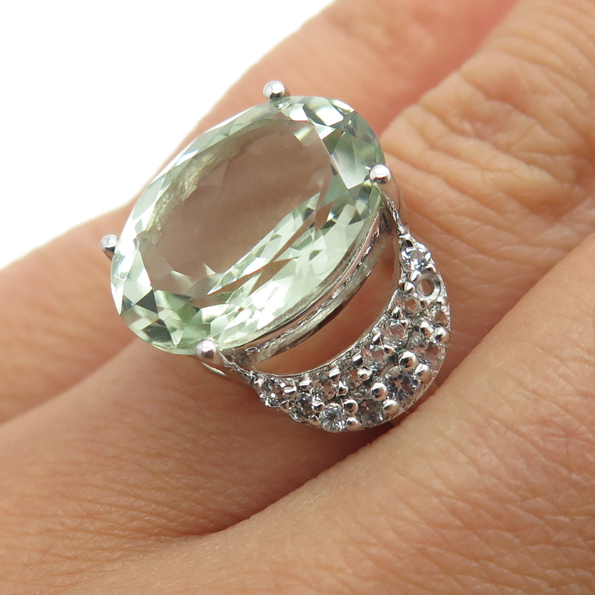 SAM 925 Sterling Silver Real Green Amethyst & White Topaz Ring Size 6