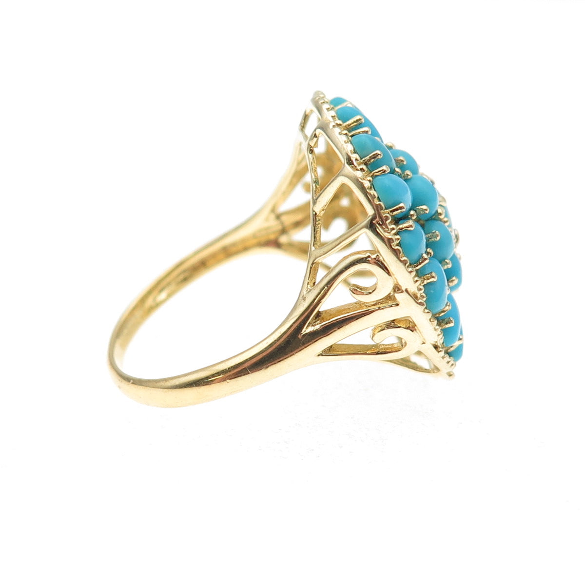 925 Sterling Silver Gold Plated Real Turquoise Floral Cluster Ring Size 9.25