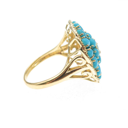 925 Sterling Silver Gold Plated Real Turquoise Floral Cluster Ring Size 9.25