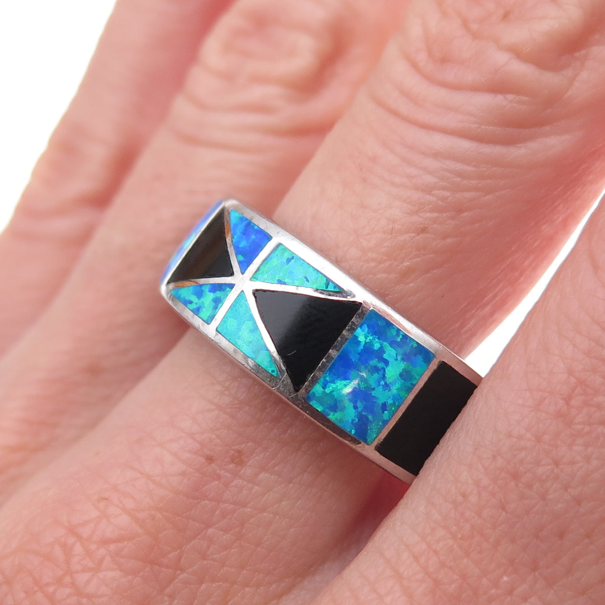 925 Sterling Silver Real Black Onyx & Opal Ring Size 11.75