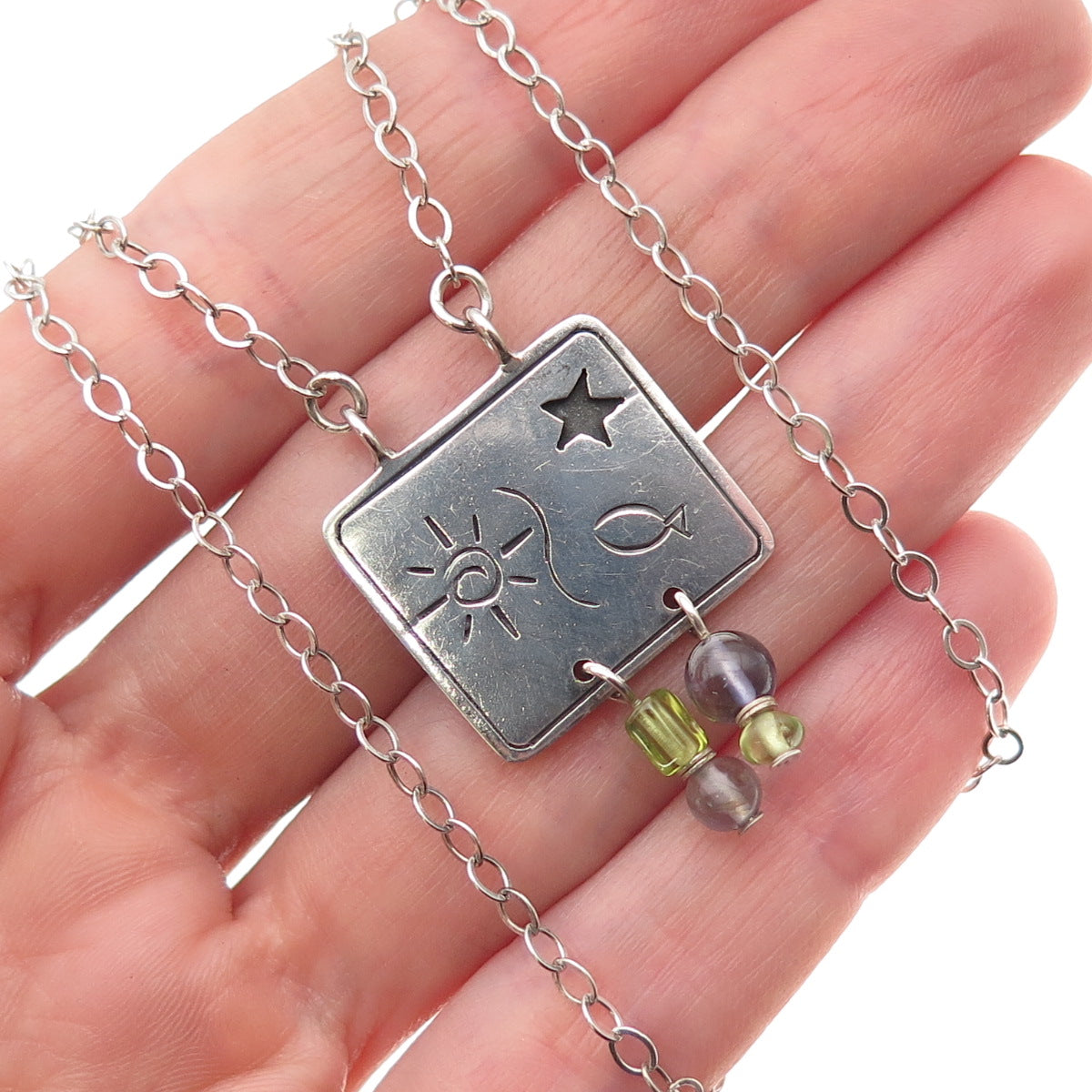 925 Sterling Silver Vintage Real Iolite Peridot Sun Fish Star Chain Necklace 18"