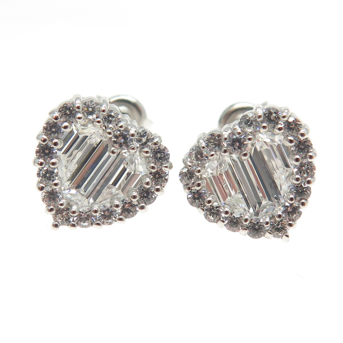 925 Sterling Silver Round & Baguette-Cut C Z Heart Stud Earrings