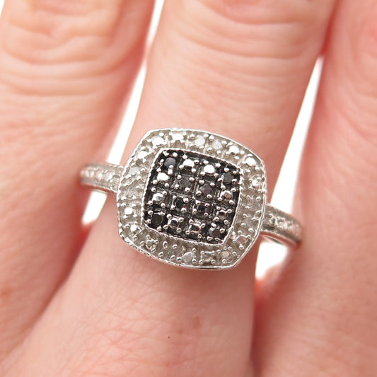 925 Sterling Silver Real Black & White Diamond Ring Size 8
