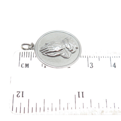 925 Sterling Silver Vintage Hands In Prayer Religious Round Pendant