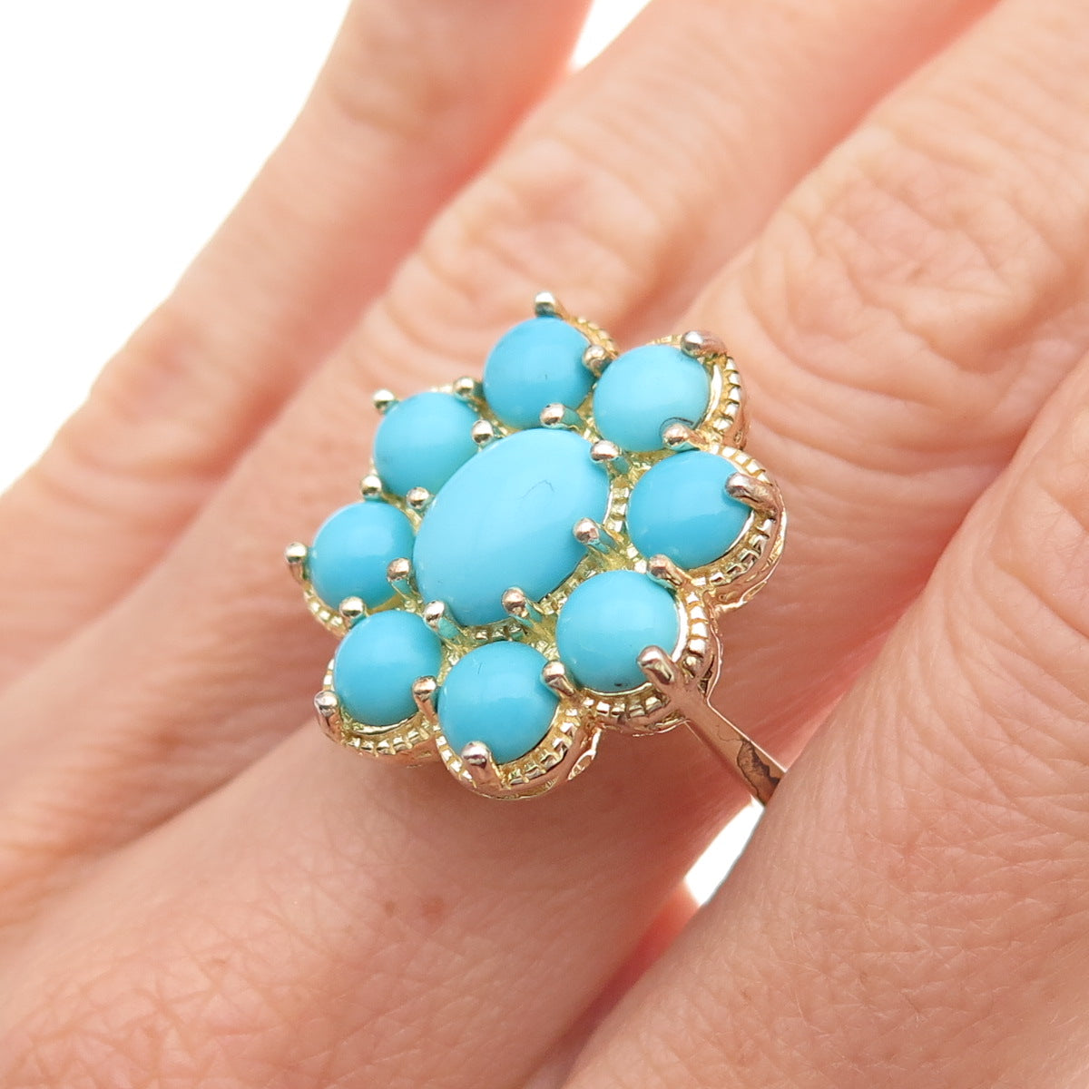 925 Sterling Silver Gold Plated Real Sleeping Beauty Turquoise Ring Size 8.25