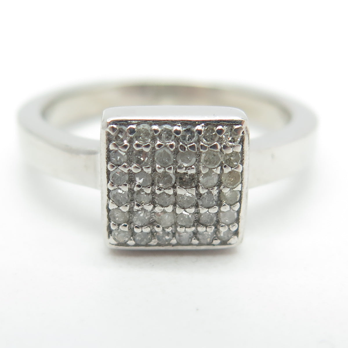 925 Sterling Silver Real Round-Cut Diamond Square Ring Size 7