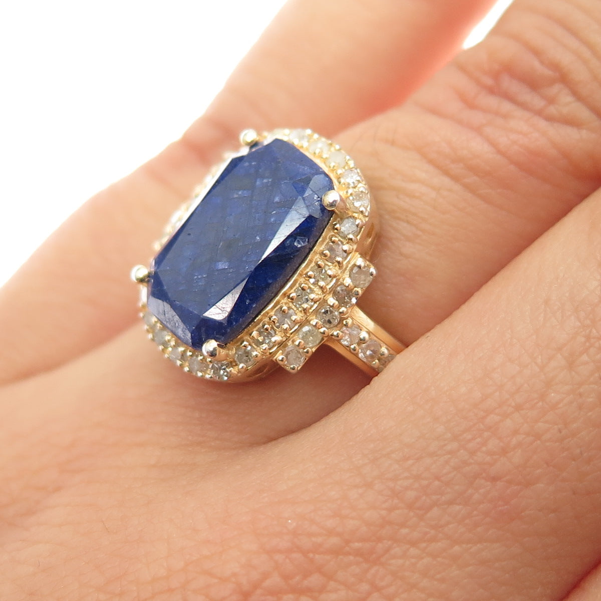 DSMK 925 Sterling Silver Gold Plated Real Diamond & Sapphire Ring Size 5.25
