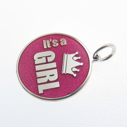 925 Sterling Silver Pink Enamel "It's A Girl" Round Tag Minimalist Charm Pendant
