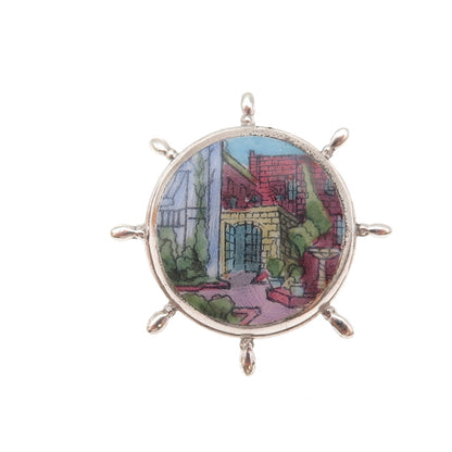 925 Sterling Silver Antique Art Deco Old Town Hand-Painted Ship's Wheel Brooch