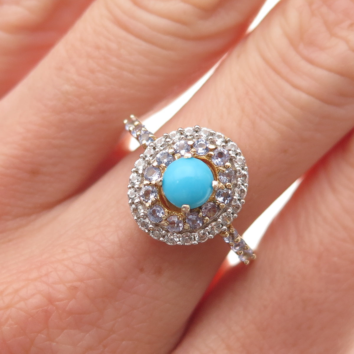 Chuck Clemency 925 Sterling Gold Plated Turquoise Tanzanite & Topaz Ring Size 8