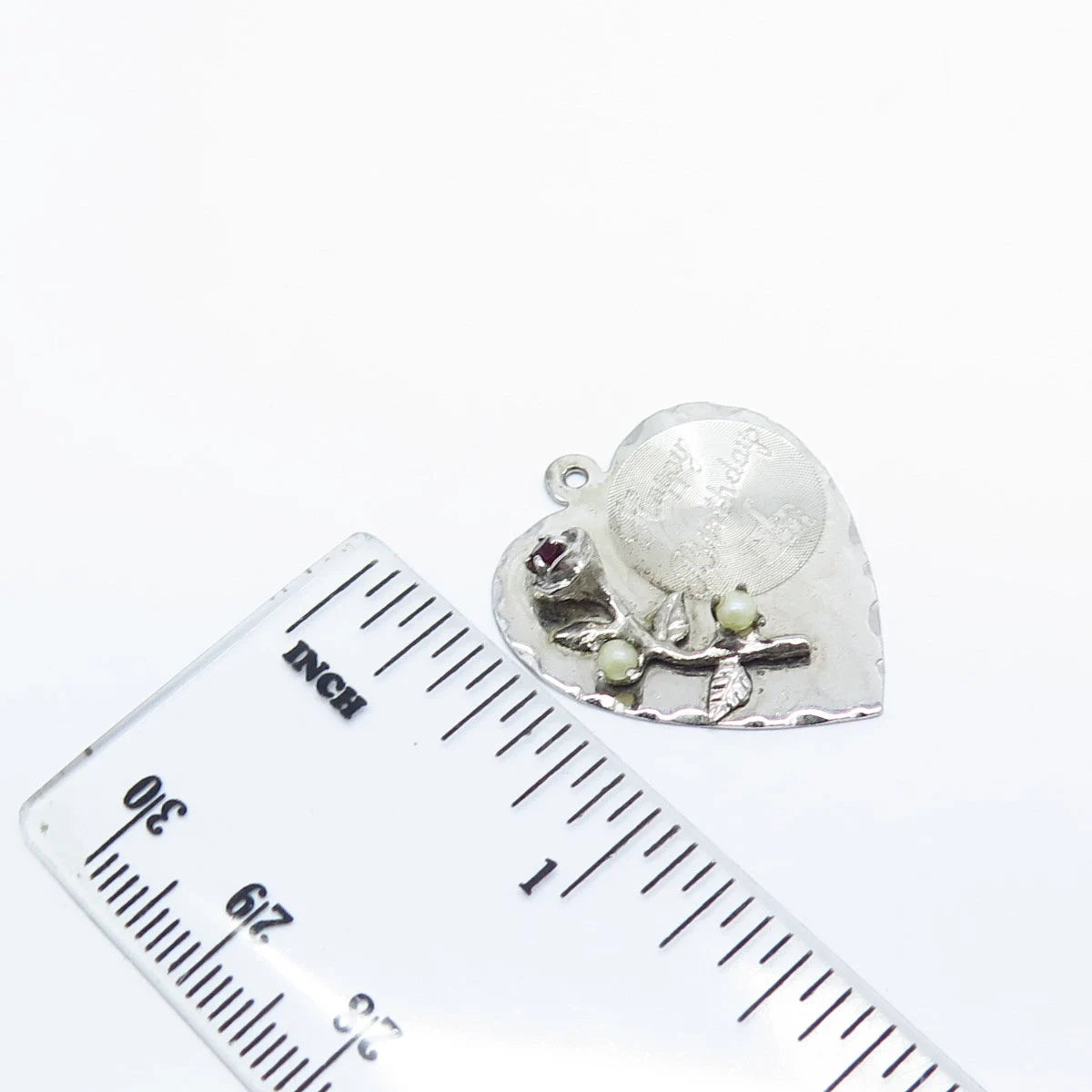 925 Sterling Silver Vintage Faux Pearl C Z "Happy Birthday" Rose Floral Pendant